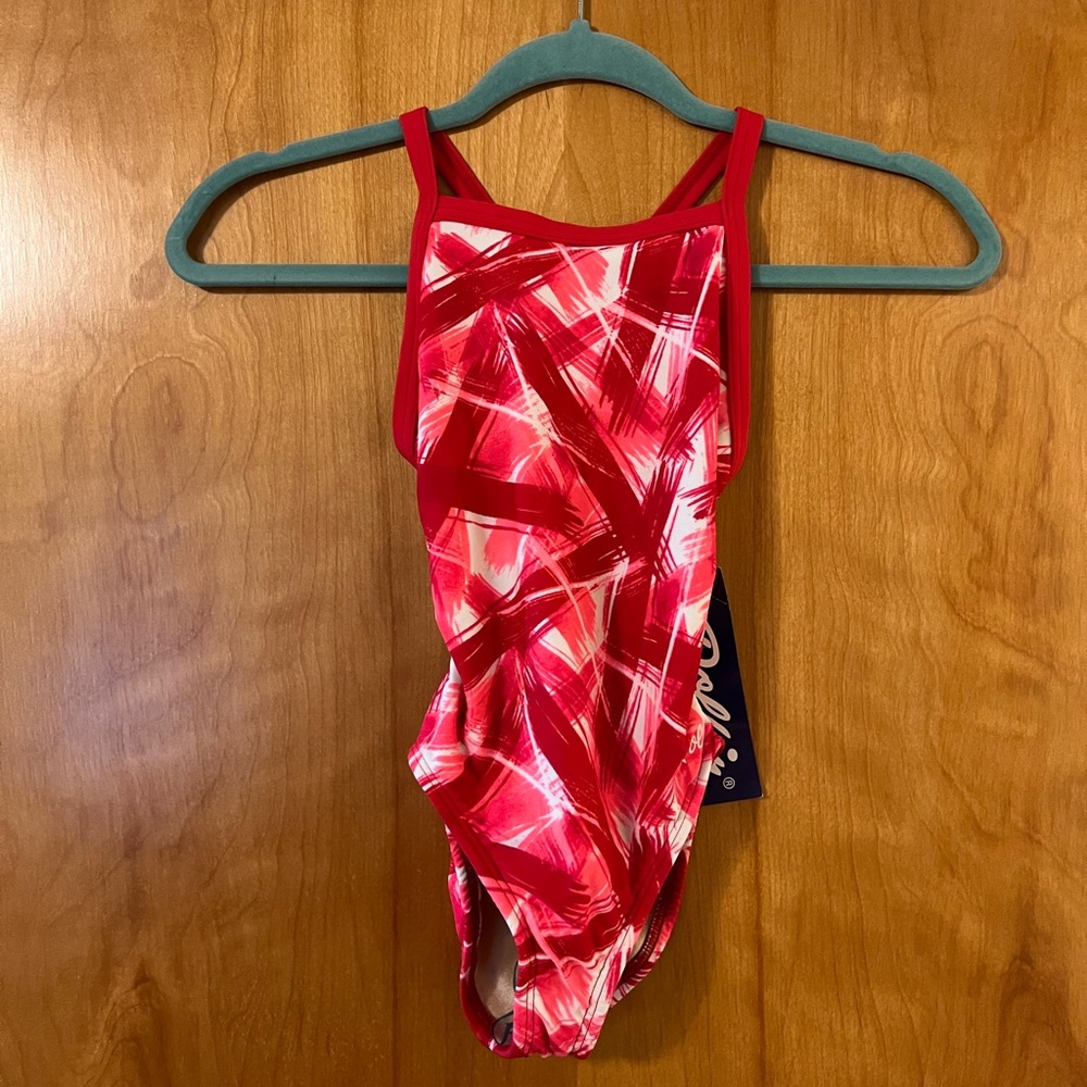 Dolfin Competition Swim Suit Abstract Red Swimsuit Girls Juniors Size 22 NWT